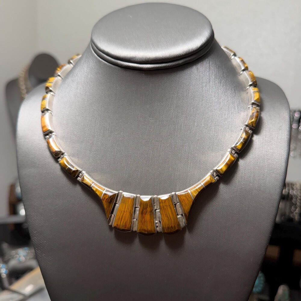 Vintage Taxco Mexico 950 Tigers Eye Sterling Silver Necklace